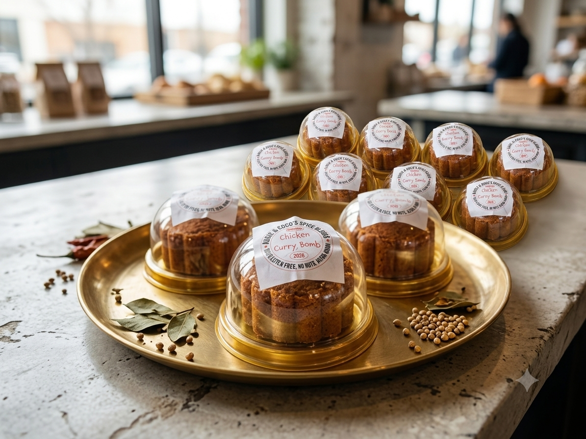 Augie & Coco Chicken Curry Bombs displayed on a brass tray